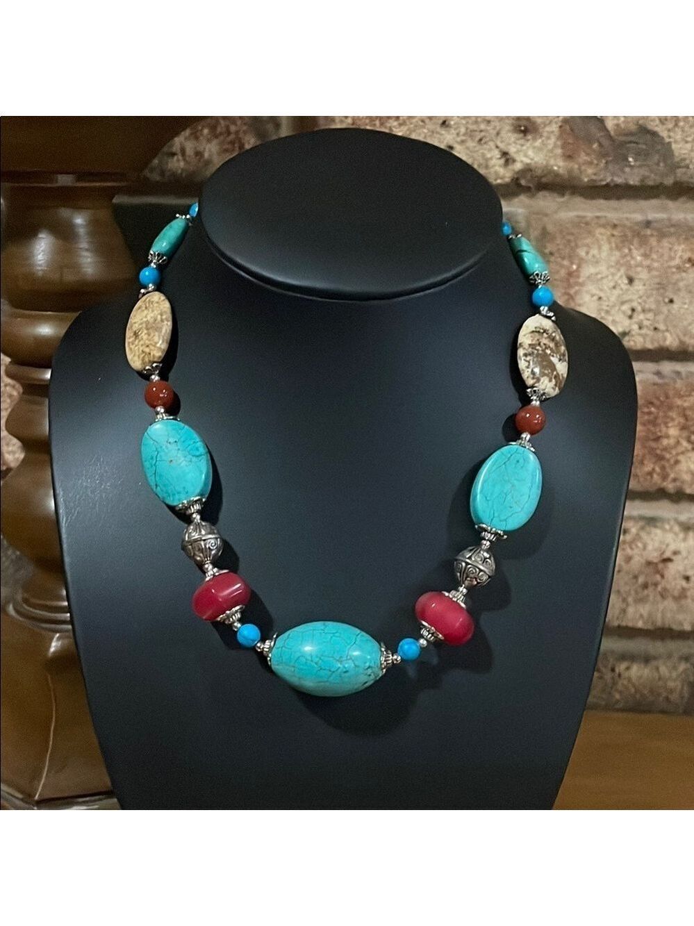 Howlite and red stone southwest statement necklace